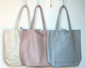 Italian Leather Tote Bag, Leather Shopping Bag, Tote Shopper Pink, Pastel Leather Shopper, Large Leather Bag, Laptop Handbag,Grey Handbag