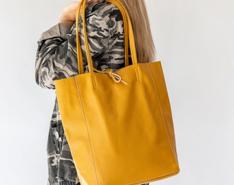 Mustard Tote Leather Shopper, Mustard Shopper, Leather Shopper, Soft Leather Tote, Laptop Bag, Colourful Tote, Tie Top Shopping Bag, Grey
