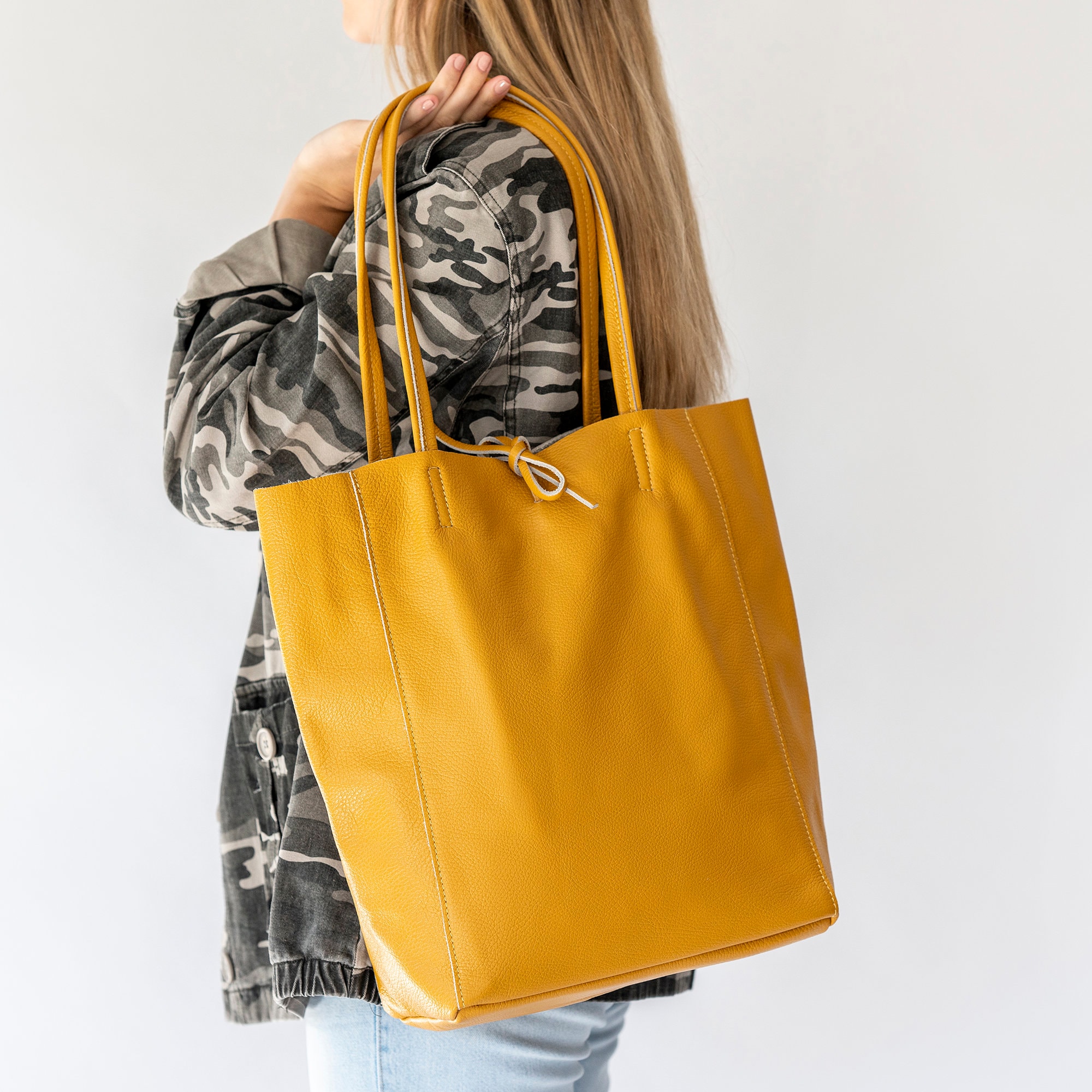 Oval Shape Glossy Finished Tote w/ Wrist Handles (Mustard