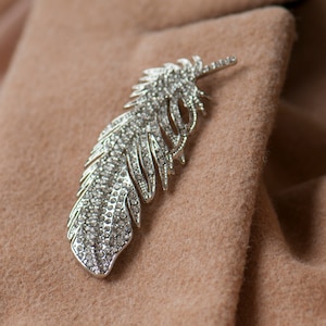 Feather Diamante Brooch, Crystal Feather Brooch, Feather Lapel Pin, Sparkling Feather Brooch, Silver Crystal Feather Pin, Large Feather Pin