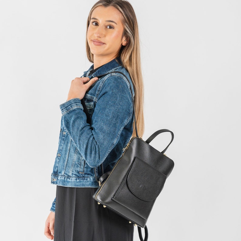 Black Leather Rucksack, Small City Rucksack, Ladies Smart Leather Backpack, Daypack, Minimalist Leather Backpack, Black Adjustable Cute image 4