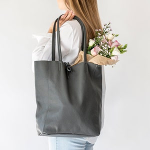 Dark Grey Leather Tote Shopper, Dark Grey Handbag, Shoulder Bag Grey, Market Bag Grey Leather, Italian Leather Shopper, Unlined Leather Tote