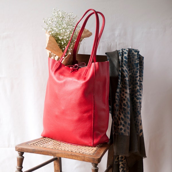 Red Leather Shopper, Red Leather Tote Handbag, Market Bag Red, Colourful Shopper, Red Leather Shoulder Bag, Laptop Bag Leather,Carry All Red