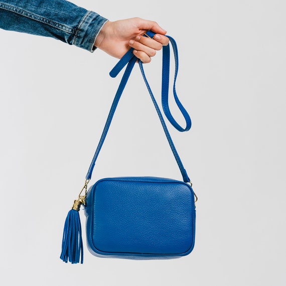 Bright Blue Leather Box Handbag Crossbody Bag Blue Camera 