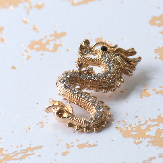 Dragon Brooch, Gold Dragon Brooch, Chinese Dragon Pin, Diamante