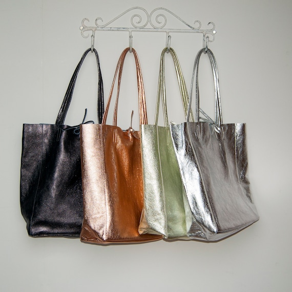 Metallic Leather Tote Shopper Pewter Leather Tote Gold 