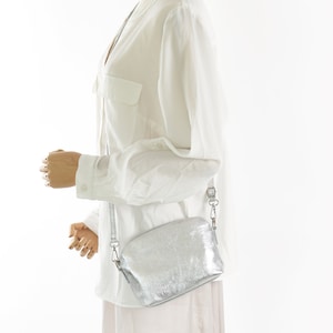 Silver Metallic Small Leather Crossbody Handbag, Personalised Leather Shoulder Bag, Name Engraved Handbag, Adjustable Long Strap, Plain Bag