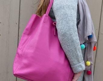 Tote Shopper Colourful Leather, Leather Shopper, Unlined Soft Leather Tote, Leather Shopping Bag, Pink Tote Shopper, Fashion Market Bag Blue