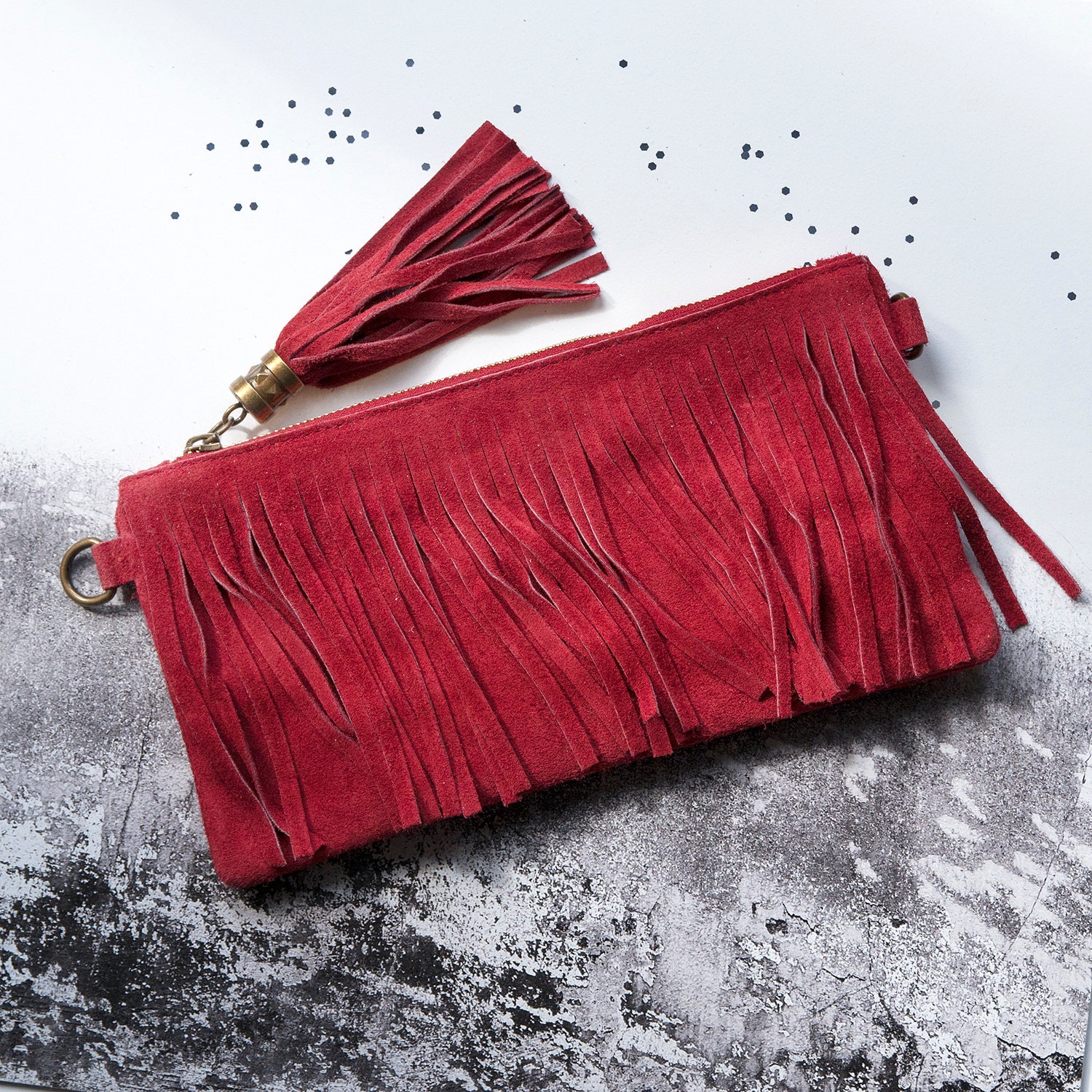 red suede clutch purse