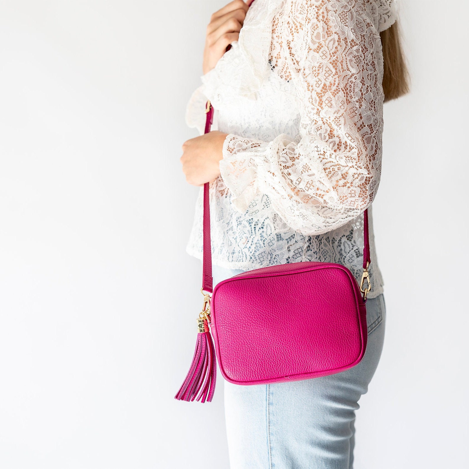 Pink Leather Box Handbag Bright Pink Crossbody Bag Etsy