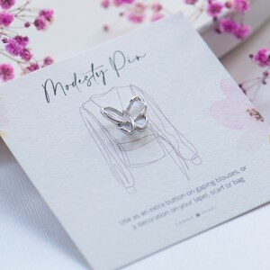 Gold or Silver little dainty butterfy outline modesty pin on our bespoke gift card, ready for gifting, extra button pin for ladies blouses, cleavage pin, stop gaping blouses, pin them, Cute gift for daughter, friend, neighbour, sister.