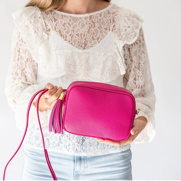 Pink Leather Box Handbag, Bright Pink Crossbody Bag, Personalised Leather Handbag, Bright Colourful Camera Bag, Cross Body Leather Handbag