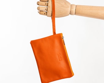 Orange Wristlet Leather, Orange Clutch Purse, Orange Soft Leather Pouch, Bridesmaids Clutch Gift, Evening Bag Orange, Daytime Clutch, Wrist