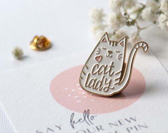 Cat Lady White Enamel Cat Pin Badge, Lapel Pin White Cat, Black Cat Enamel Pin, Cat Lover Gift, Cat Mum Gift, Cute White Black Cat Gift, Pin