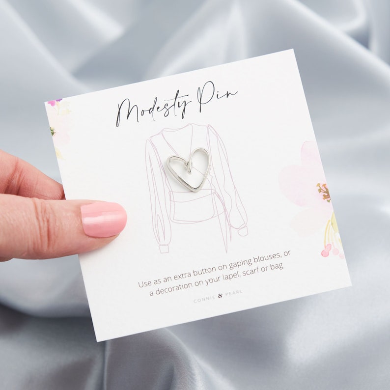 Gold or Silver little heart outline modesty pin on our bespoke gift card, ready for gifting, extra button pin for ladies blouses, cleavage pin, stop gaping blouses, pin them, Cute gift for daughter, friend, neighbour, sister.