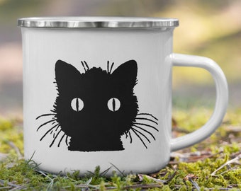 Black Cat Enamel Camping Mug, enamel and tin outdoor mug with classic black cat silhouette