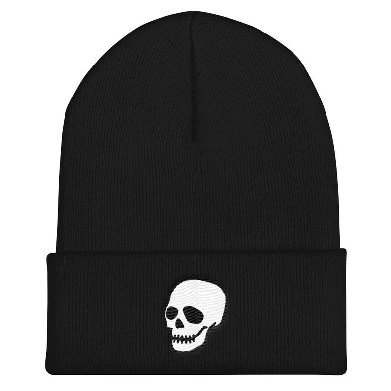 Gothic Skull Beanie Hat Black and White Cuffed Beanie Embroidered Skull Hat Halloween Skull Beanie Spooky Haunted Hat
