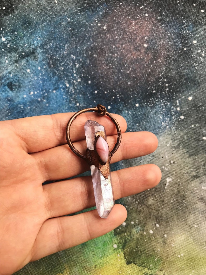 Electroformed Copper Lawender Quartz and Punk Opal Crystal Necklace Pendand Gift Birthstone Handmade