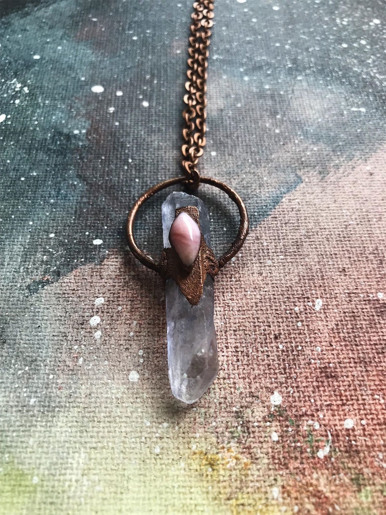 Electroformed Copper Lawender Quartz and Punk Opal Crystal Necklace Pendand Gift Birthstone Handmade