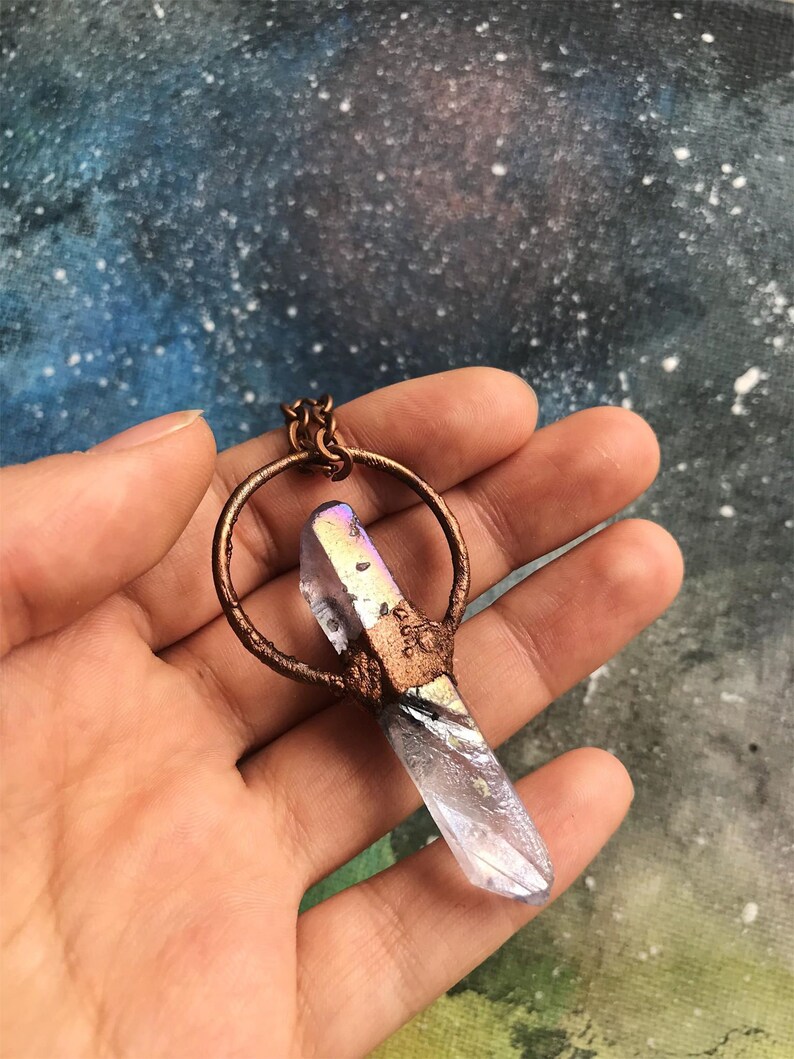 Electroformed Copper Lawender Quartz and Punk Opal Crystal Necklace Pendand Gift Birthstone Handmade