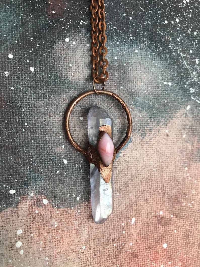 Electroformed Copper Lawender Quartz and Punk Opal Crystal Necklace Pendand Gift Birthstone Handmade