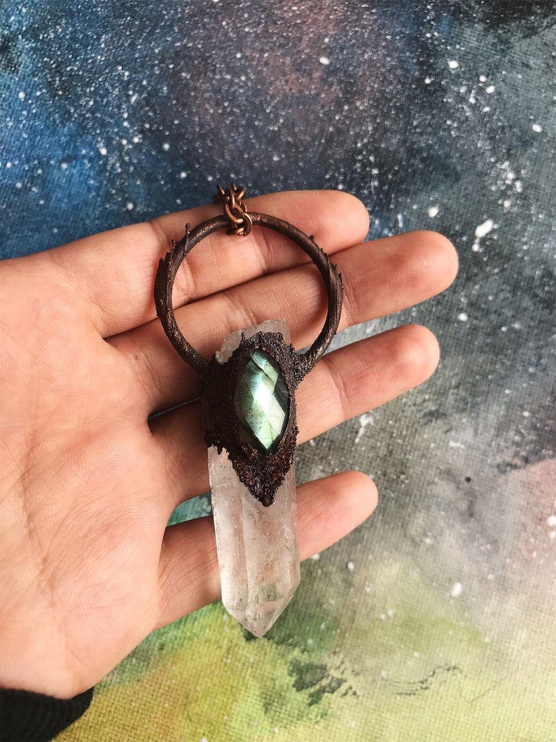 Electroformed Copper Quartz and Labradorite Necklace Crystal Pendant Gift Birthstone Jewelry