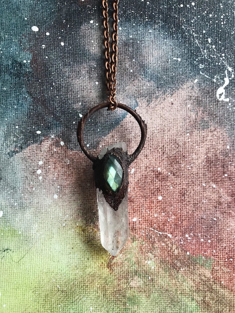 Electroformed Copper Quartz and Labradorite Necklace Crystal Pendant Gift Birthstone Jewelry