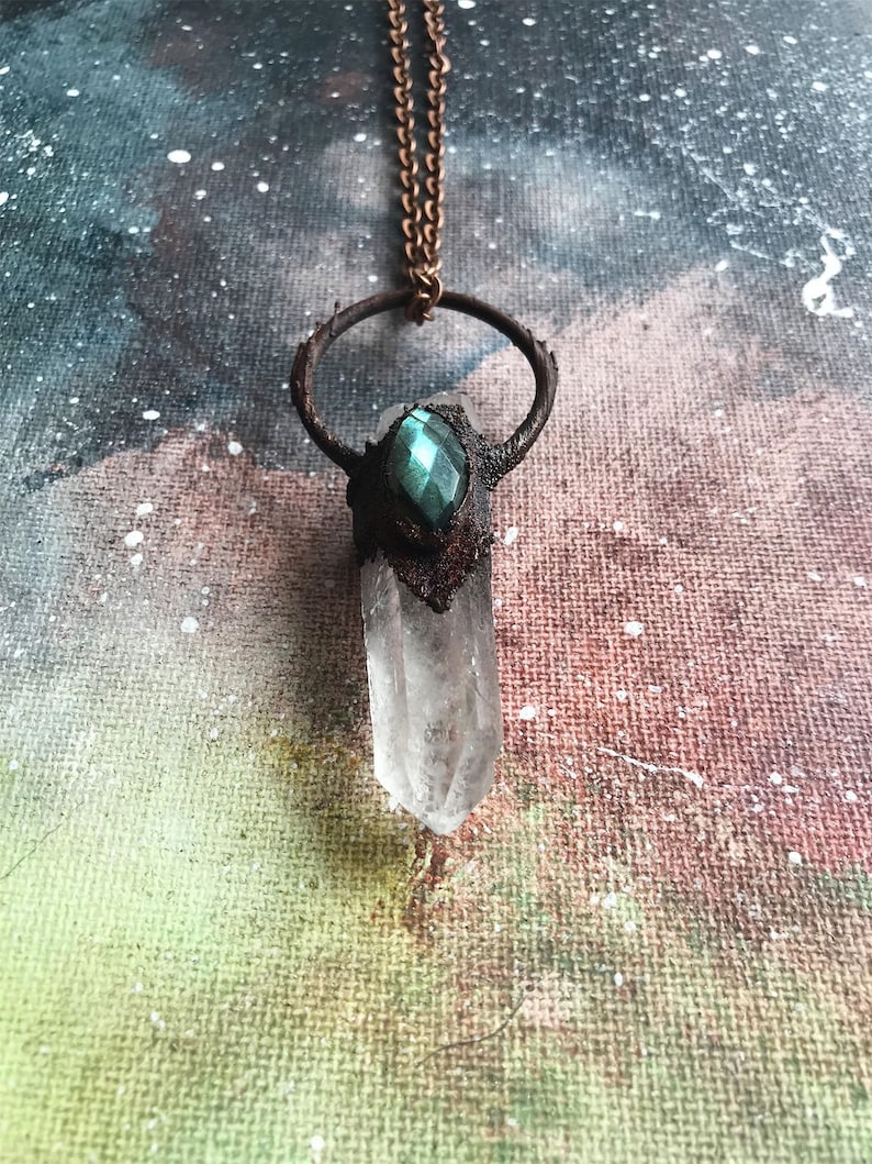 Electroformed Copper Quartz and Labradorite Necklace Crystal Pendant Gift Birthstone Jewelry