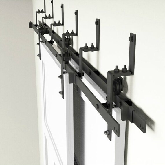 5 8ft Rustic Black Steel Bypass Barn Door Hardware Wall Mount Etsy