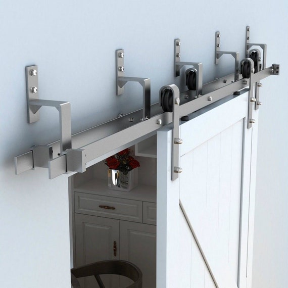 5 8ft Brushed Nickel Steel Bypass Barn Door Hardware One Piece Etsy