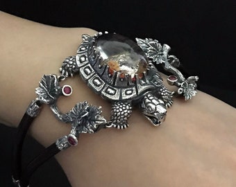 Turtle big bracelet Sterling Silver 925 with Garden Quartz  and Tourmaline, turtle art, sea turtle bracelet, Gift for Her