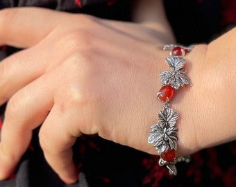 Bracelet  Grape Leaf  Sterling Silver 925 with Carnelian, Brunch Jewelry, Armenian Handmade, Gift for Her ,carnelian bracelet