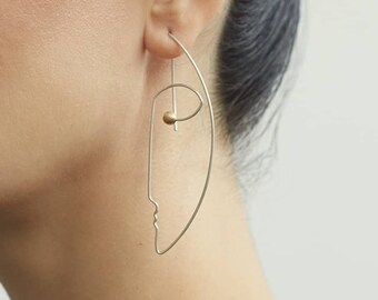 Silver Wire Face Silhouette Earrings, Minimalist Jewelry Sterling Silver 925, Abstract Dainty Earrings, Handmade Jewelry, Gift for Her