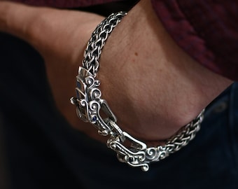 Unisex Sterling Silver 925 Bracelet with Twin Dragons, Artfully Woven Braided Rope, a Symbolic Brutalist Masterpiece - Perfect Gift for Him