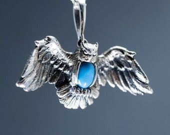 Handcrafted Owl Pendant in 925 Blackened Silver with Turquoise Stone - a Unique and Timeless Expression of Elegance Majestic Flight: