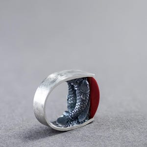 Handmade Fish Carved Statement Rings With Red and Black Stones - Unique ...