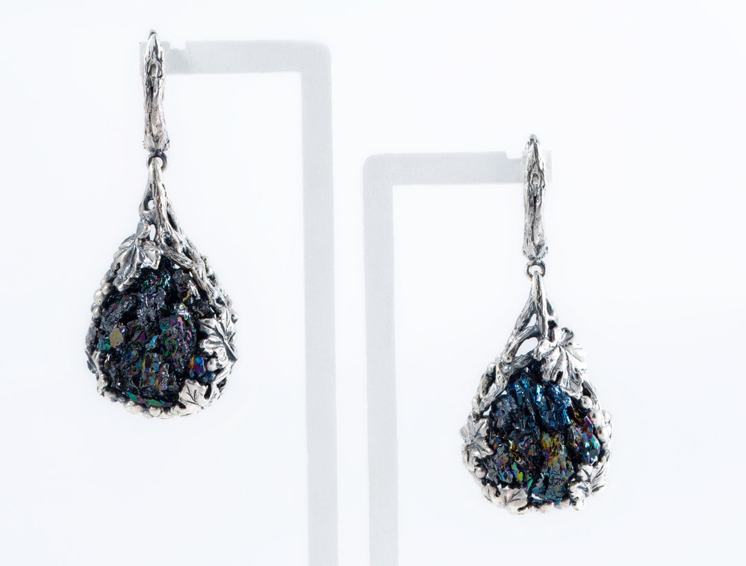 Long Dangle Earrings Grapes Sterling Silver 925 With Druzy Rainbow