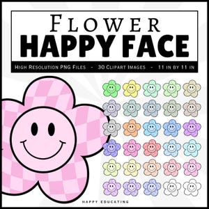 Set von 30 glücklichen Gesicht karierte Blume PNG Bildern - Helle Pastelle - Helle Farben - Gedämpfte Farben - Schwarz und Weiß - Glückliche Gesichtsblume