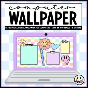 Puede incluir: Un fondo de pantalla de escritorio de computadora de color pastel con un fondo a cuadros y varias pegatinas coloridas, que incluyen una cara sonriente, un corazón, una carpeta, un bolígrafo y una lista de tareas pendientes. El texto "Carpetas", "Trabajo" y "Por hacer" es visible en las pegatinas.