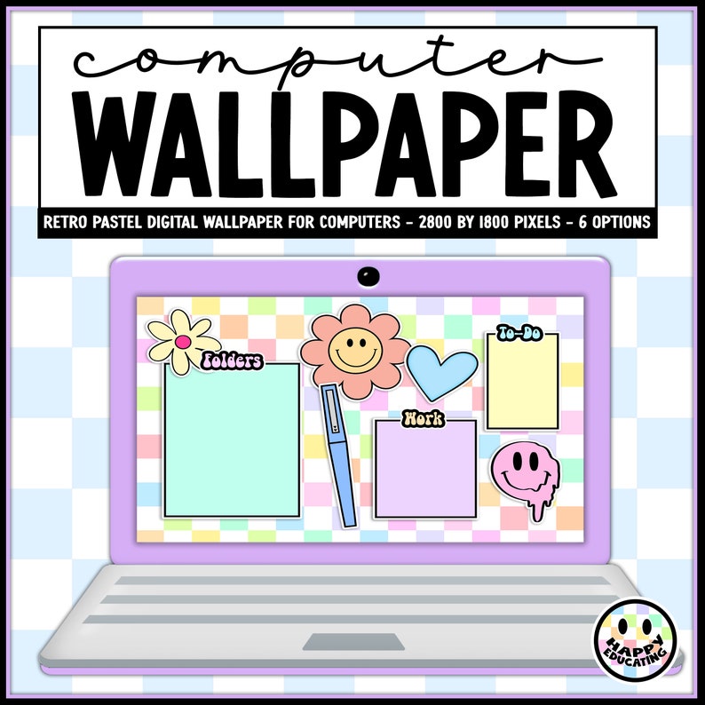 May include: A pastel colored computer desktop wallpaper with a checkered background and various colorful stickers, including a smiley face, a heart, a folder, a pen, and a to-do list. The text "Folders", "Work", and "To-Do" are visible on the stickers.