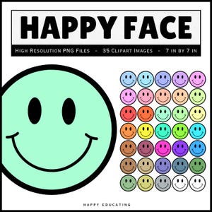 Set von 35 glücklichen Gesicht Clipart PNG Bildern - Retro Clipart, Pastell Clipart - Clipart für Gedämpfte Farben - Helle Pastell Clipart - Helle Bunttöne