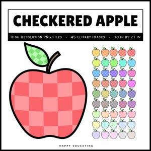 Op de afbeelding: Een set van 45 clipart-afbeeldingen van geruite appels in verschillende kleuren. De afbeeldingen zijn 45,72 cm bij 53,34 cm en zijn hoge resolutie PNG-bestanden.