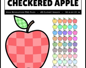 Set of 45 Checkered Apple with Leaf Clipart PNG images - digital download - Checkerboard Apple Clip Art - Assorted Colors - Colorful Clipart