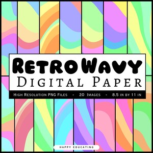 May include: A digital paper set with a retro wavy design. The image features colorful, abstract patterns in shades of pink, orange, yellow, green, and blue. Text on the image reads "RETROWAVY DIGITAL PAPER" and "8.5 in by 11 in".