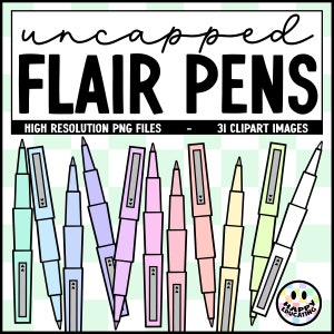 Puede incluir: Un conjunto de 31 imágenes de clipart de bolígrafos flair sin tapón en varios colores, incluidos rosa, azul, verde, amarillo y blanco. Los bolígrafos están dispuestos en una cuadrícula sobre un fondo a cuadros. El texto "uncapped FLAIR PENS" está en la parte superior de la imagen, y el texto "HIGH RESOLUTION PNG FILES - 31 CLIPART IMAGES" está en la parte inferior.