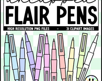 Set of 31 Uncapped Flair Pen Clipart PNG Images - Cap attached to flair pen clip art - Pastel Office Clipart - Teacher Clipart