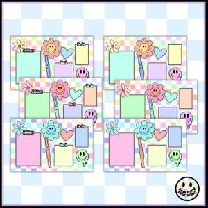 May include: A set of six printable digital planner stickers featuring a colorful checkered background with smiley faces, hearts, and flowers. The stickers include the words "Folders", "To-Do", and "Work".