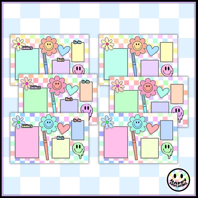 May include: A set of six printable digital planner stickers featuring a colorful checkered background with smiley faces, hearts, and flowers. The stickers include the words "Folders", "To-Do", and "Work".