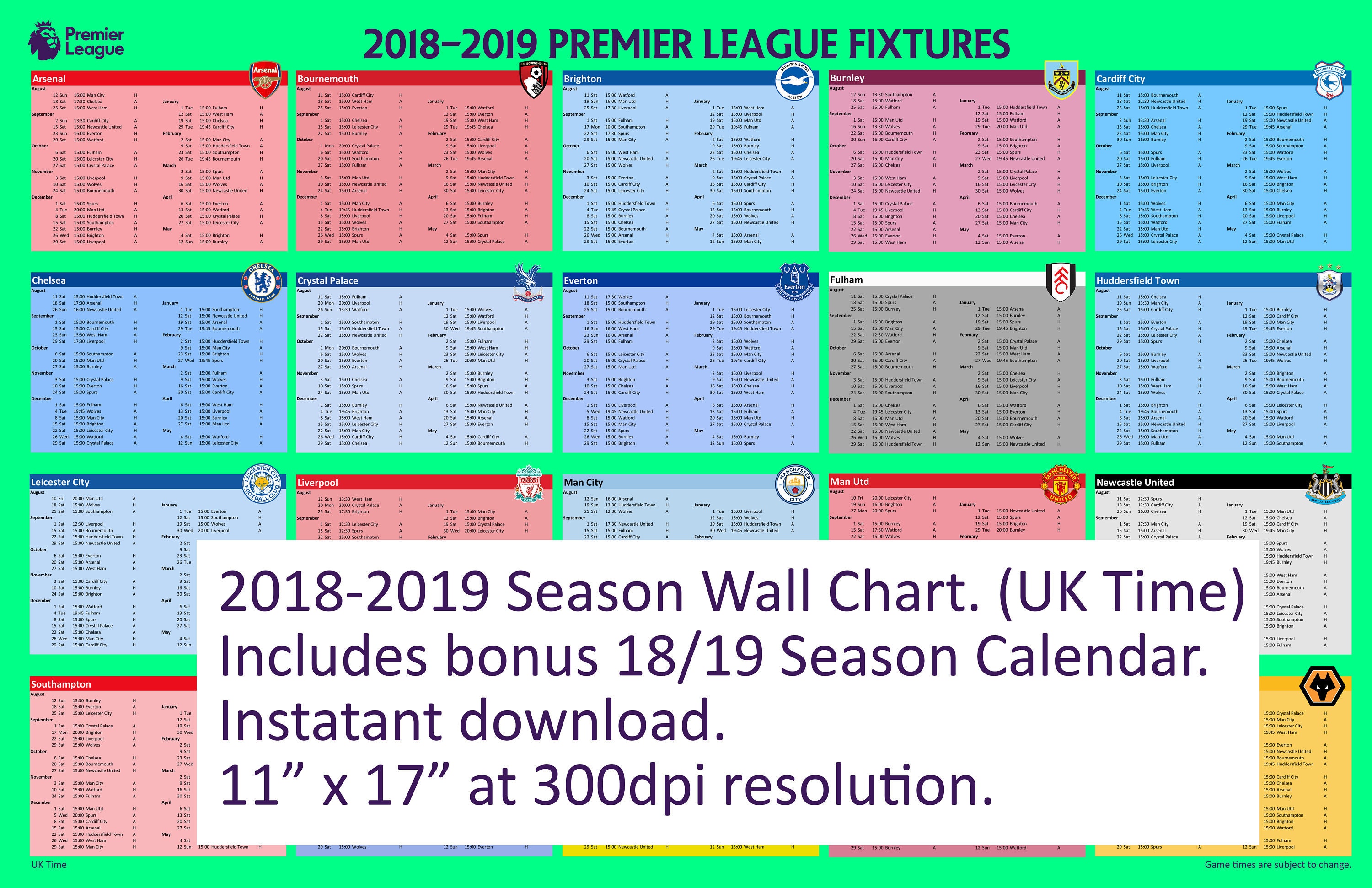 Premier League 2018/2019 Fixtures Wall Chart and Calendar UK Etsy
