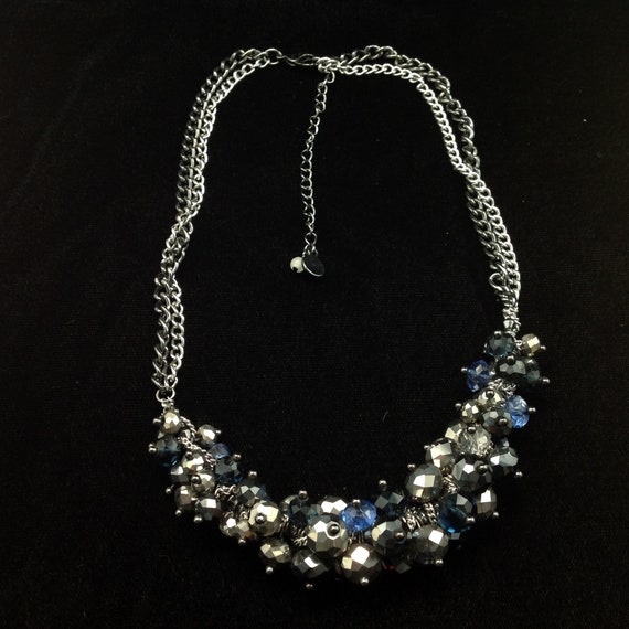Silver, Black and Blue Faux Crystal Heavy Necklace - image 3